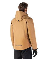 Alpinestars Morush Waterproof Parka, Motorcycle Jacket, Utility Brown, rear view showing hood and MO.ST.EQ. reflective branding, urban streetwear-inspired design with modern utility for motorcycle riders
