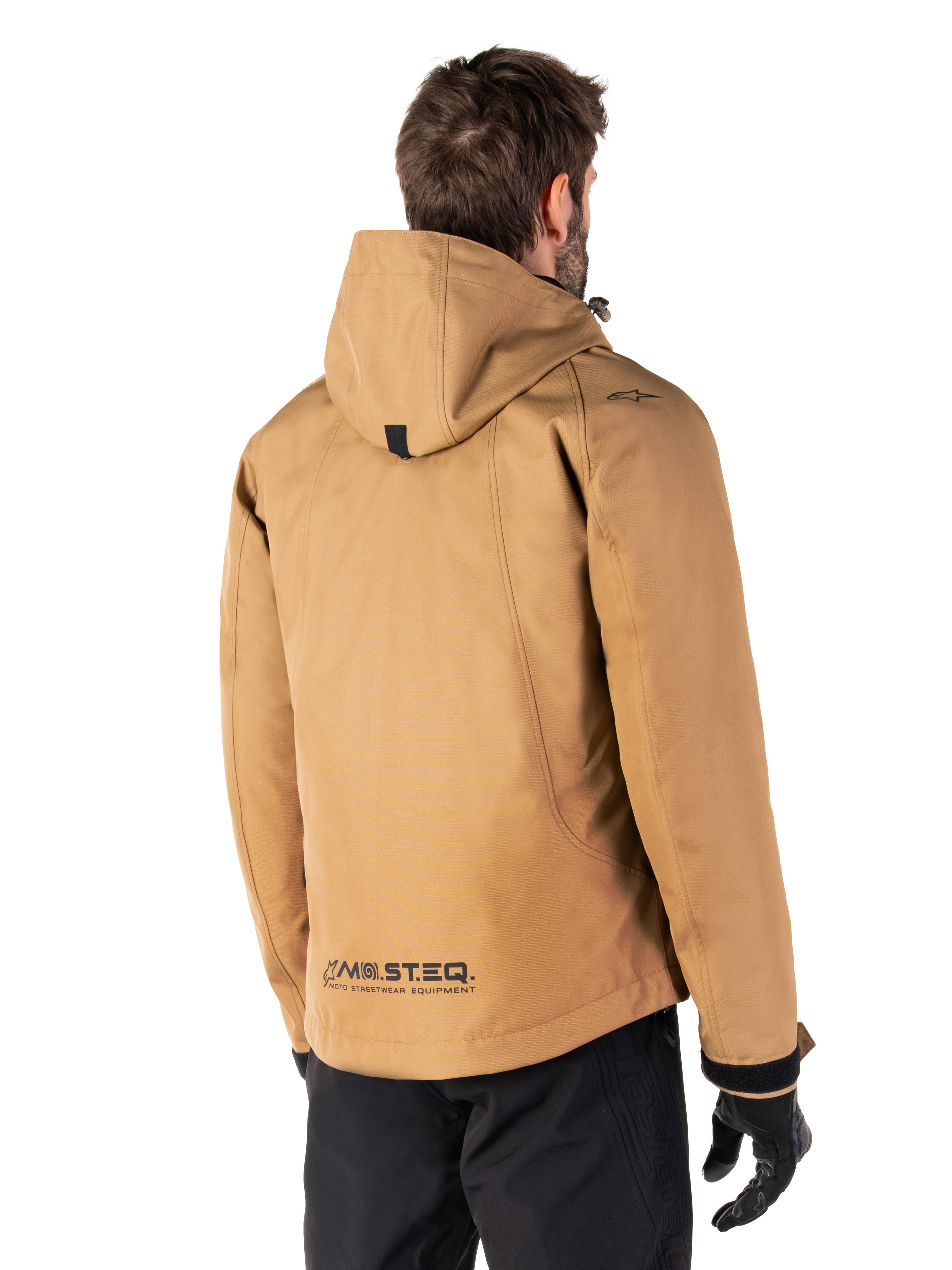 Alpinestars Morush Waterproof Parka, Motorcycle Jacket, Utility Brown, rear view showing hood and MO.ST.EQ. reflective branding, urban streetwear-inspired design with modern utility for motorcycle riders