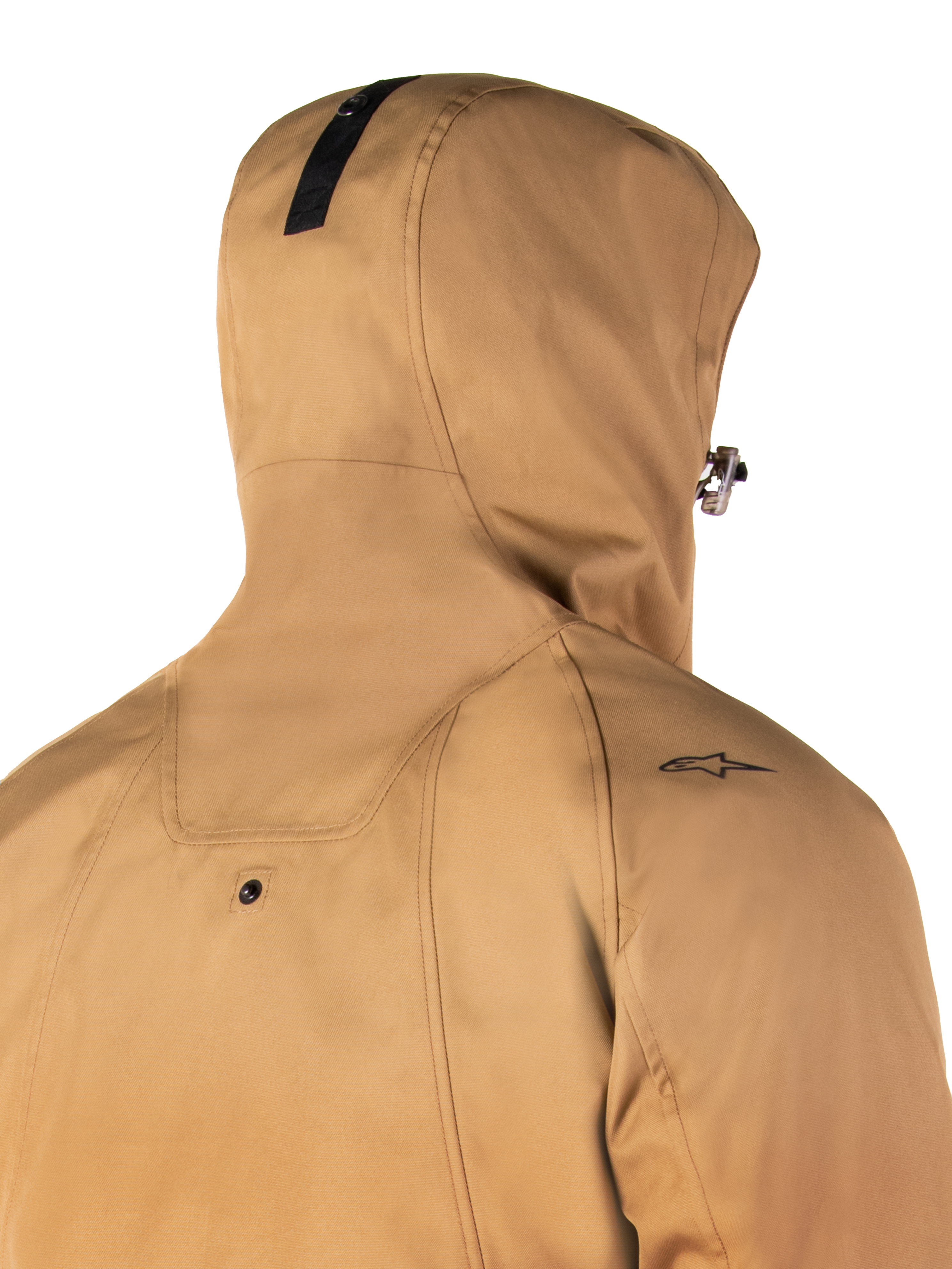 Alpinestars Morush Waterproof Parka, Utility Brown, close-up of the back and hood, featuring a small black star logo on the shoulder and hood-anchoring snap button, waterproof urban motorcycle jacket