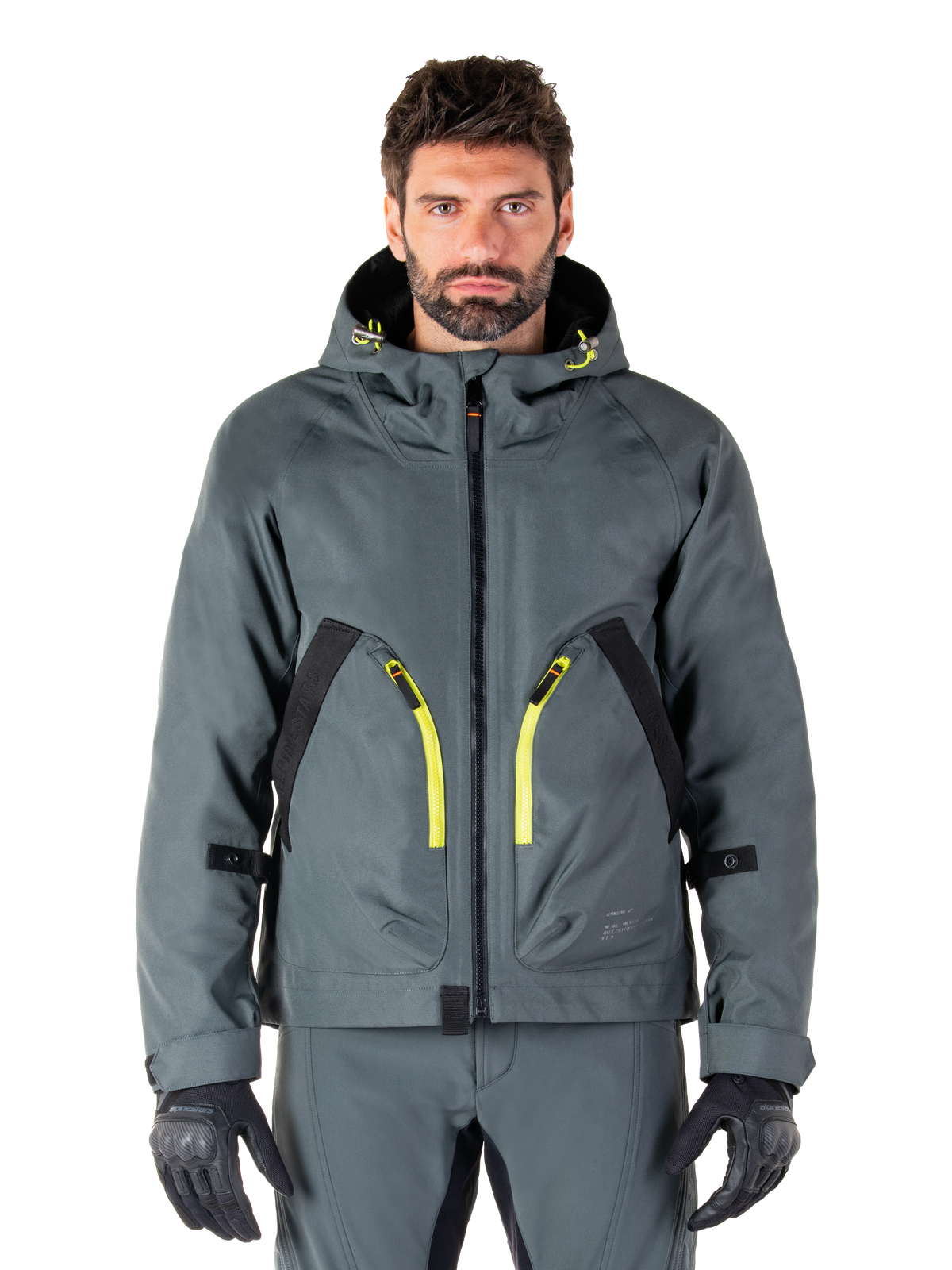 Alpinestars Morush Waterproof Parka, urban grå motorcykeljacka, klargula dragkedjor och svarta detaljer, design med huva och stora framfickor, teknisk streetwear-inspirerad styling