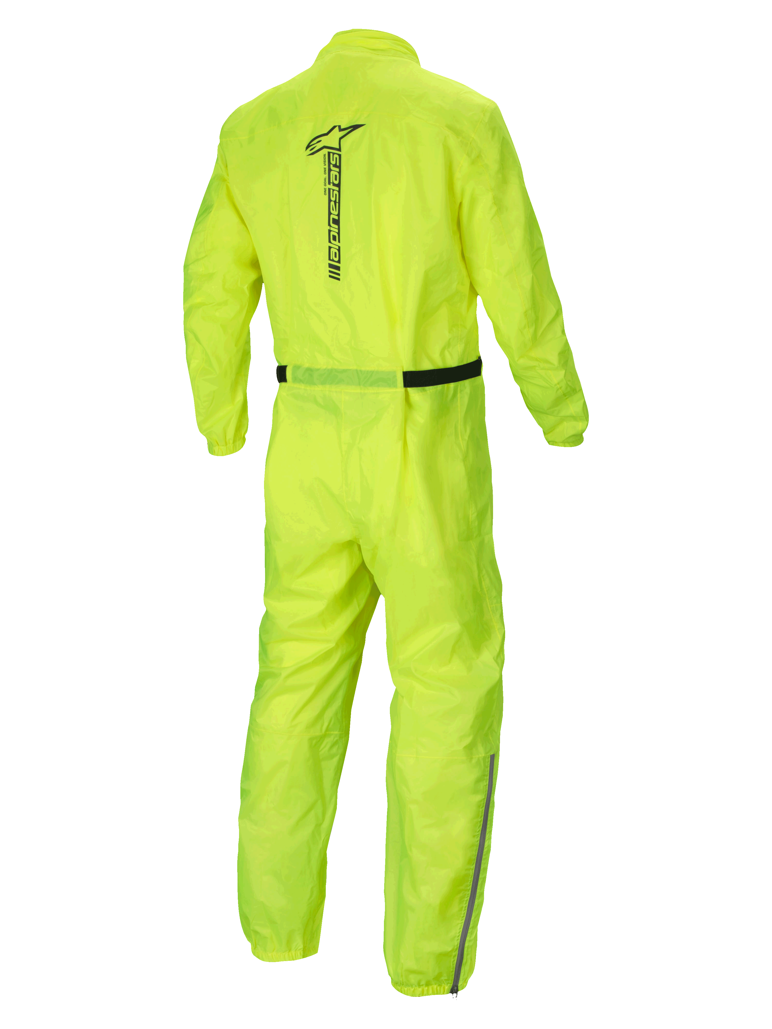 Alpinestars Hurricane Rain V2 regnställ, gult vattentätt MC-ställ, baksida med reflekterande Alpinestars-logotyp och lätt textilkonstruktion