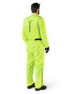 Alpinestars Hurricane Rain V2 Suit, Yellow Fluo, Rear view of a rider wearing a one-piece motorcycle rain suit, featuring a black Alpinestars logo on the back, black waist belt, and reflective strips on the lower legs, worn with black gloves and boots
