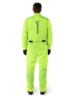 Alpinestars Hurricane Rain V2 Suit, One-piece Motorcycle Rain Suit, Yellow Fluo, back view featuring vertical black Alpinestars branding, elasticated waist and cuffs, worn with black gloves and boots, waterproof and wind-resistant riding gear