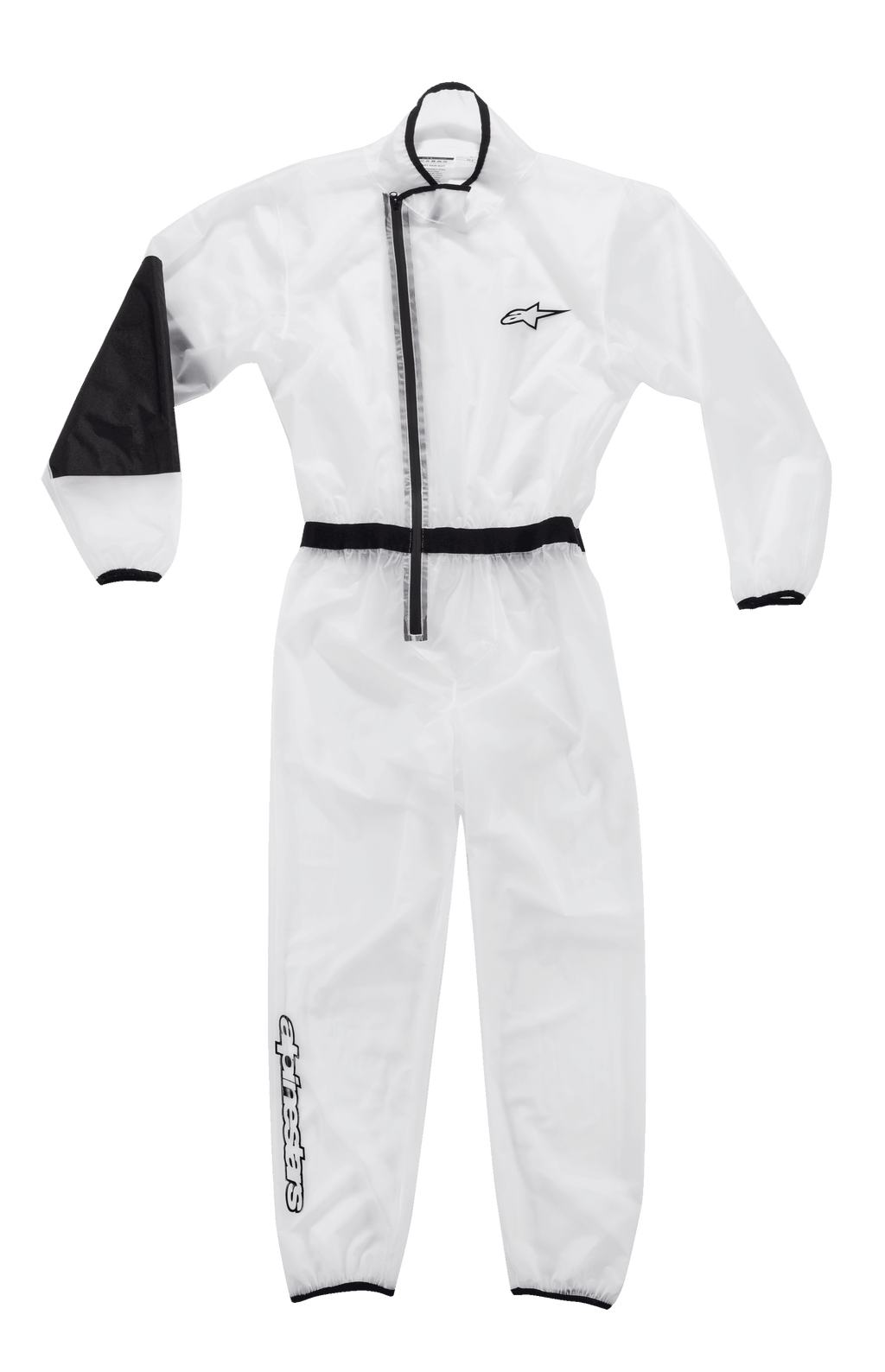 Alpinestars Kart Rain Suit, genomskinlig karting-överdräkt, transparent med svarta detaljer, asymmetrisk dragkedja, elastisk midja och muddar, förstärkt värmetålig panel på armbågen, Alpinestars-logotyp på bröst och ben