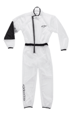 Alpinestars Kart Rain Suit, genomskinlig karting-överdräkt, transparent med svarta detaljer, asymmetrisk dragkedja, elastisk midja och muddar, förstärkt värmetålig panel på armbågen, Alpinestars-logotyp på bröst och ben