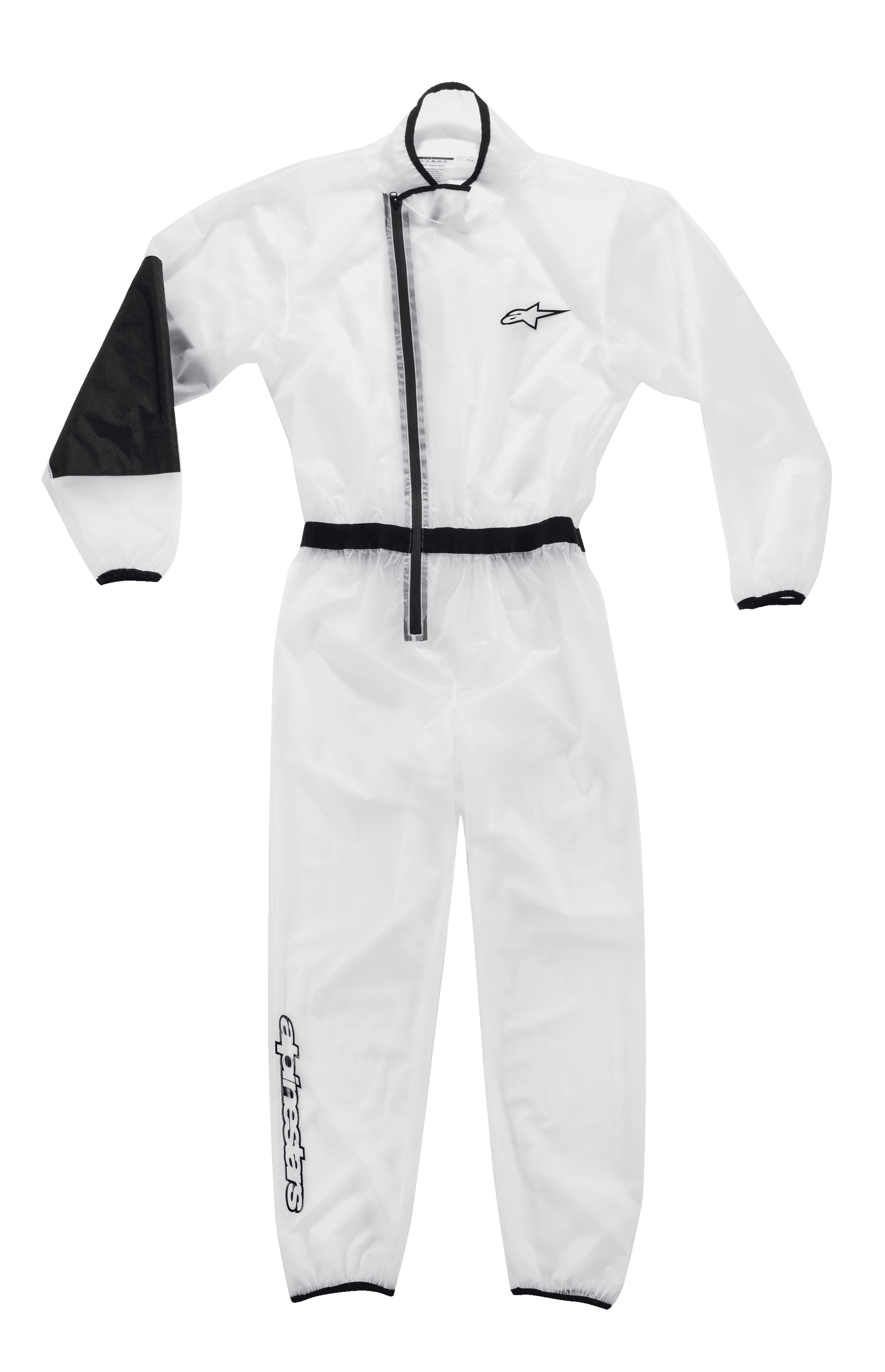 Alpinestars Kart Rain Suit, genomskinlig karting-överdräkt, transparent med svarta detaljer, asymmetrisk dragkedja, elastisk midja och muddar, förstärkt värmetålig panel på armbågen, Alpinestars-logotyp på bröst och ben