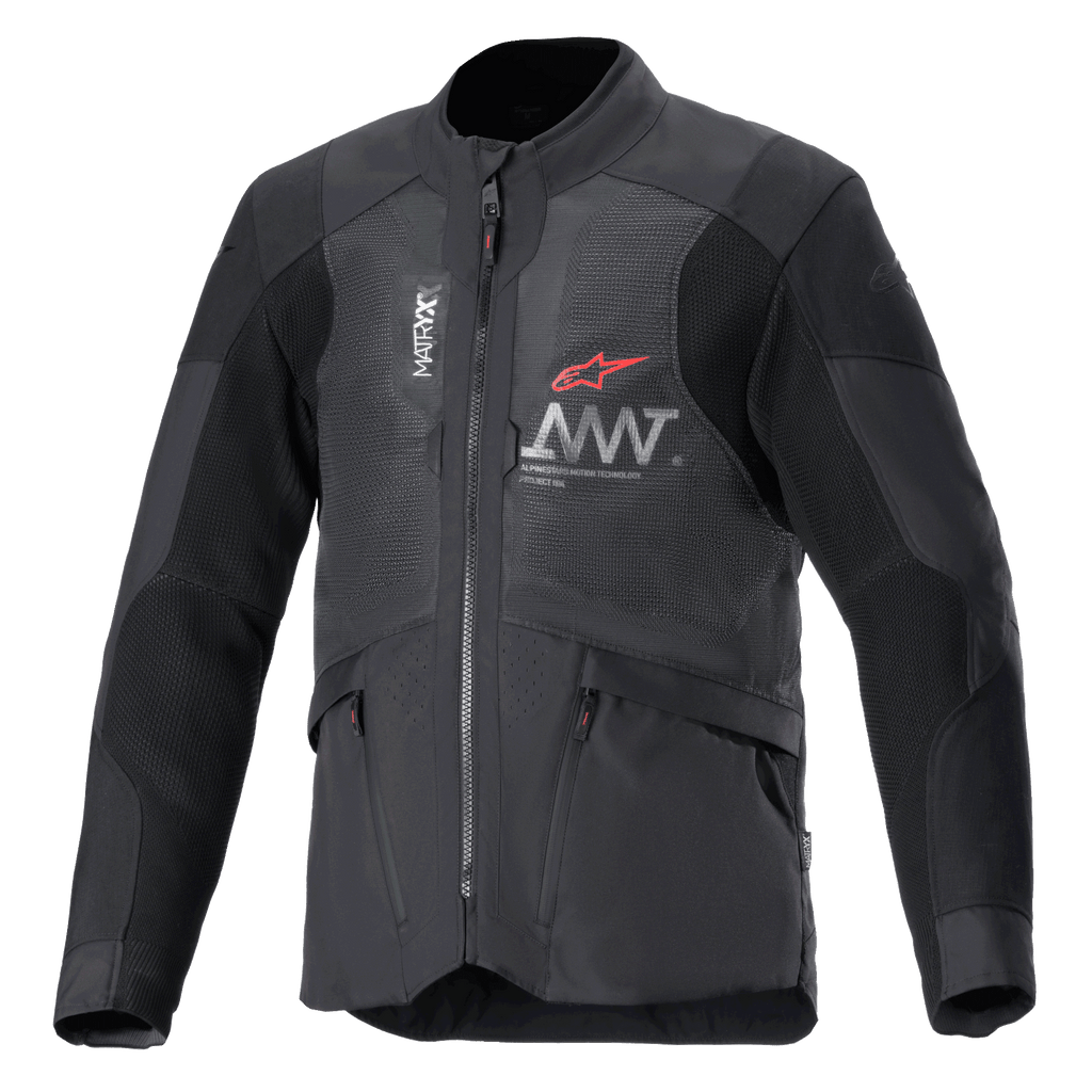 Alpinestars AMT-7 Air Jacket, Motorcycle Jacket, Black and Dark Shadow, MATRYX mesh ventilation panels on the chest, Red star logo with silver AMT branding, front zippered cargo pockets, textile adventure and road touring design