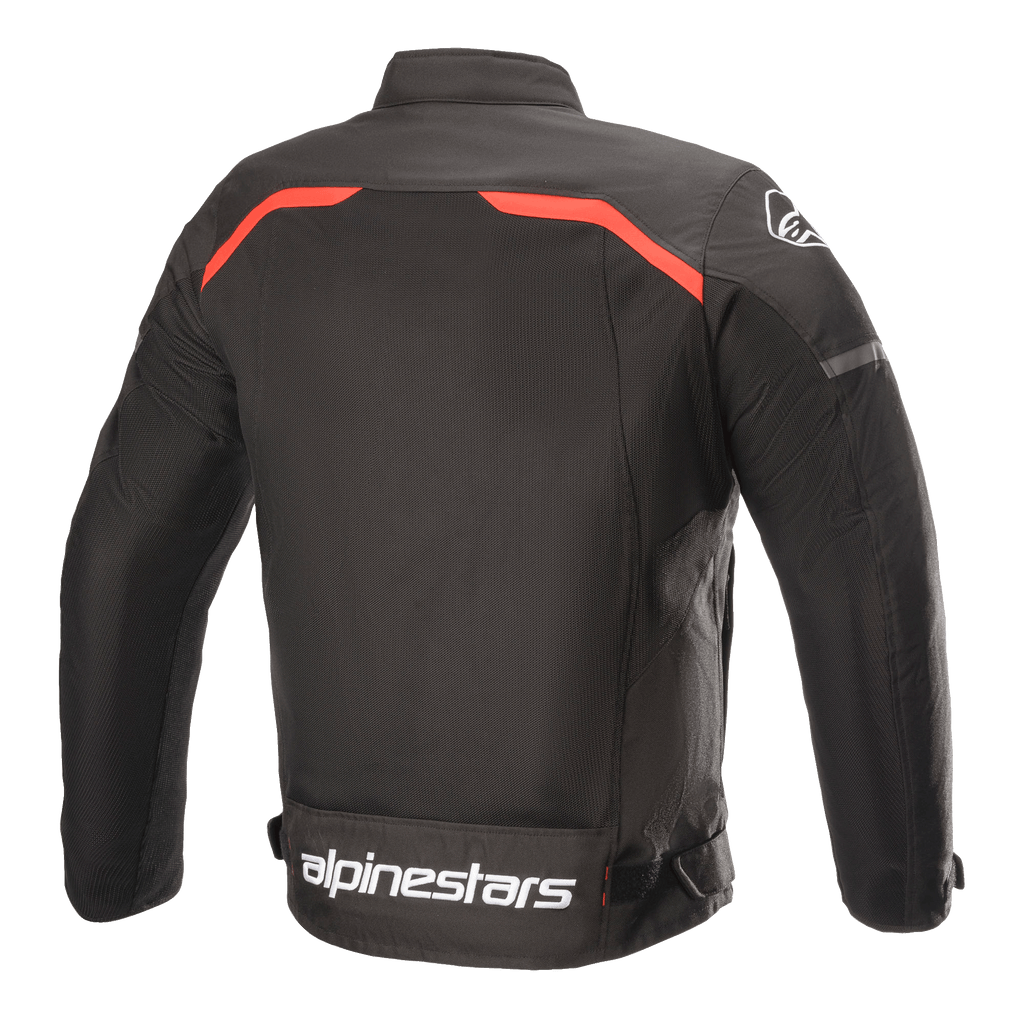 Alpinestars T-SPS Superair-jacka, motorcykeljacka i textil, svart med klaröda detaljer, baksida med stora ventilationspaneler i mesh, röda linjer över axlarna och tydlig vit Alpinestars-logotyp på nedre delen av ryggen.