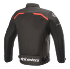 Alpinestars T-SPS Superair-jacka, motorcykeljacka i textil, svart med klaröda detaljer, baksida med stora ventilationspaneler i mesh, röda linjer över axlarna och tydlig vit Alpinestars-logotyp på nedre delen av ryggen.