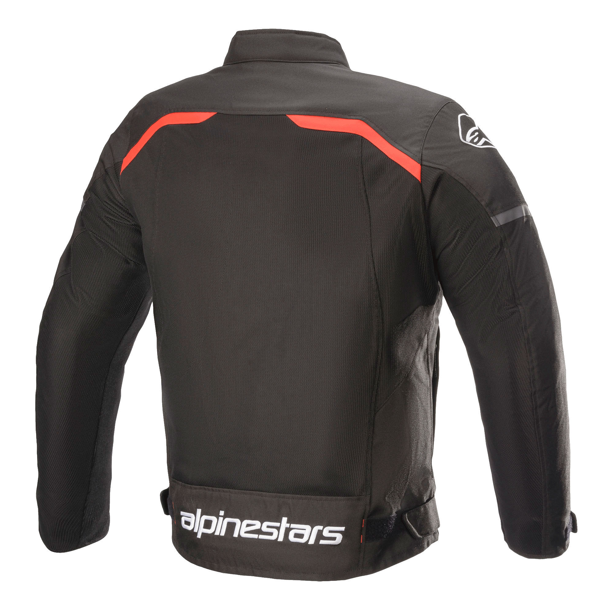 Alpinestars T-SPS Superair-jacka, motorcykeljacka i textil, svart med klaröda detaljer, baksida med stora ventilationspaneler i mesh, röda linjer över axlarna och tydlig vit Alpinestars-logotyp på nedre delen av ryggen.