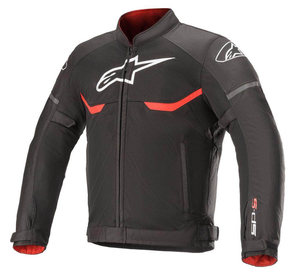 Alpinestars T-SPS Superair-jacka, motorcykeljacka i textil, svart med klarröda och vita detaljer, ventilationspaneler i mesh, vit Astars-logotyp på bröstet och axlarna samt rött innerfoder