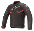 Alpinestars T-SPS Superair-jacka, motorcykeljacka i textil, svart med klarröda och vita detaljer, ventilationspaneler i mesh, vit Astars-logotyp på bröstet och axlarna samt rött innerfoder