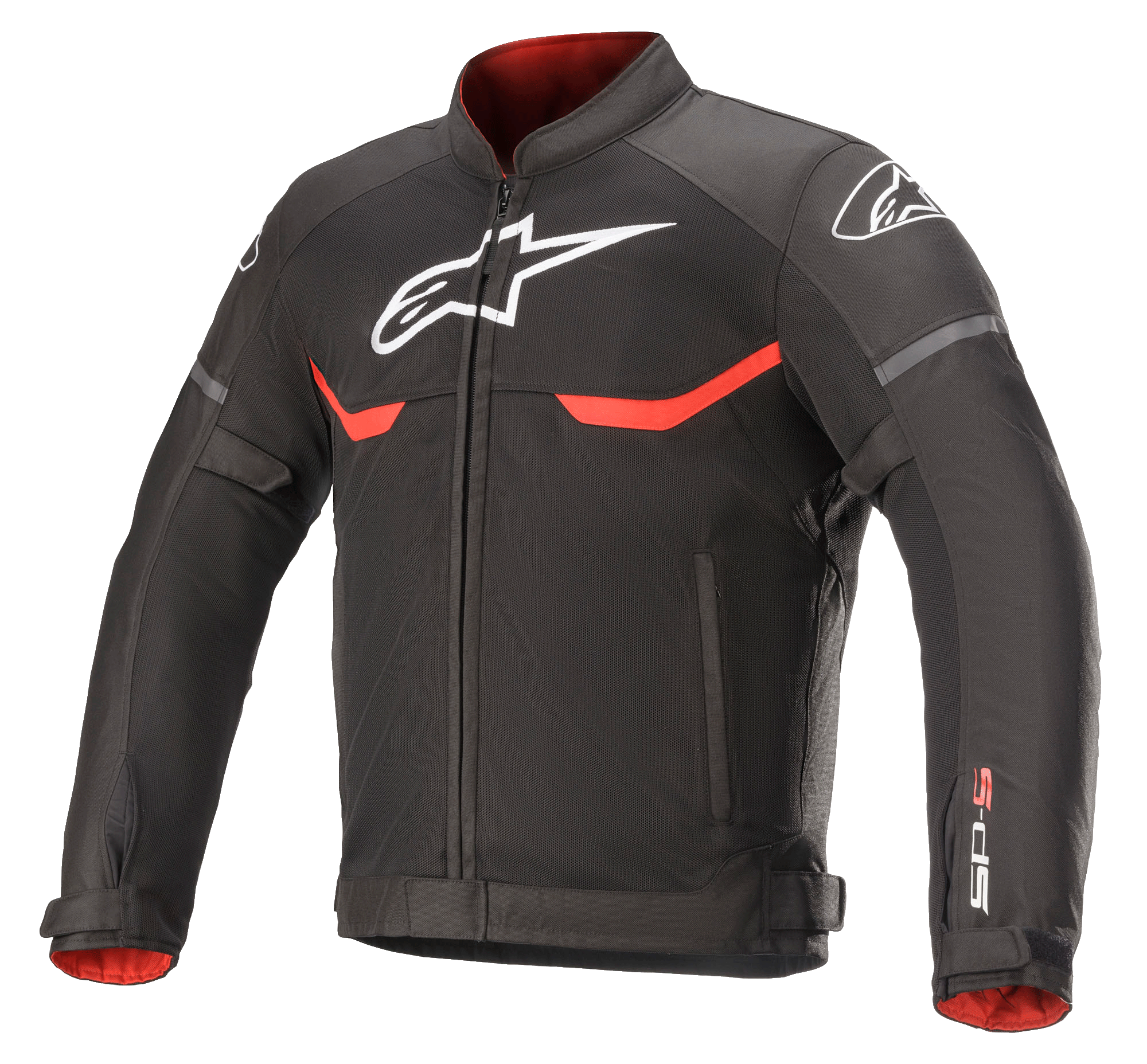 Alpinestars T-SPS Superair-jacka, motorcykeljacka i textil, svart med klarröda och vita detaljer, ventilationspaneler i mesh, vit Astars-logotyp på bröstet och axlarna samt rött innerfoder