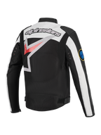Alpinestars Axton Jacket, Motorcycle Jacket, Black Off White and Bright Red, rear view featuring a large wrap-around Alpinestars logo, accordion stretch panels on shoulders, and metal eyelet details, vintage-inspired racing aesthetic.