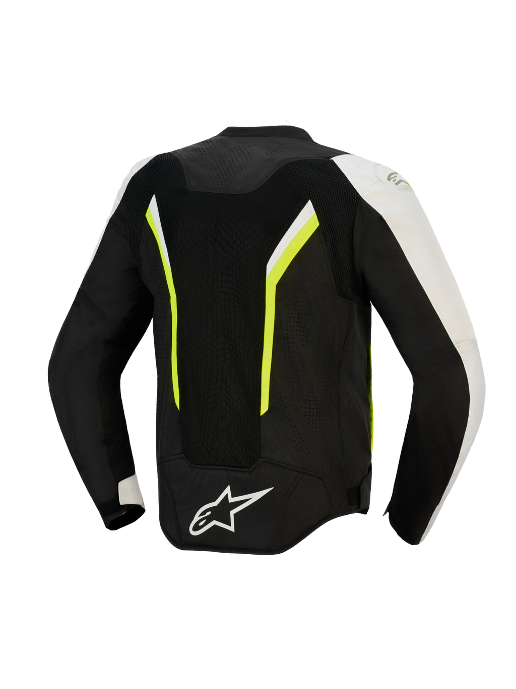 Alpinestars AST V3 Air-jacka, sedd bakifrån, svart, silver och neongul, motorcykeljacka i textil med stora meshpaneler för luftflöde, fluorescerande detaljer och vit logotyp på nedre delen av ryggen
