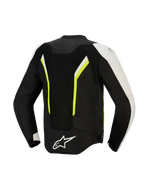 Alpinestars AST V3 Air-jacka, sedd bakifrån, svart, silver och neongul, motorcykeljacka i textil med stora meshpaneler för luftflöde, fluorescerande detaljer och vit logotyp på nedre delen av ryggen