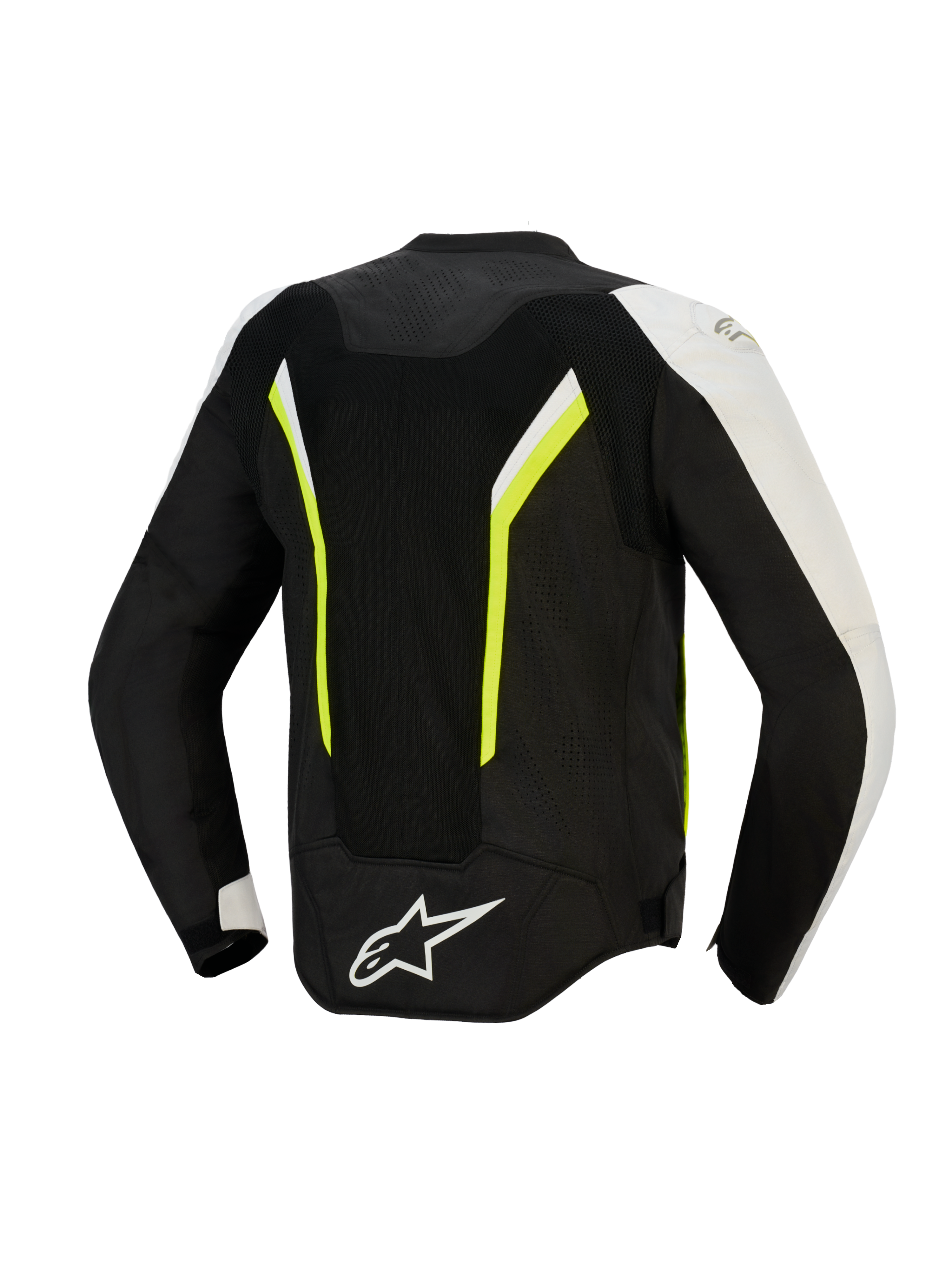 Alpinestars AST V3 Air-jacka, sedd bakifrån, svart, silver och neongul, motorcykeljacka i textil med stora meshpaneler för luftflöde, fluorescerande detaljer och vit logotyp på nedre delen av ryggen