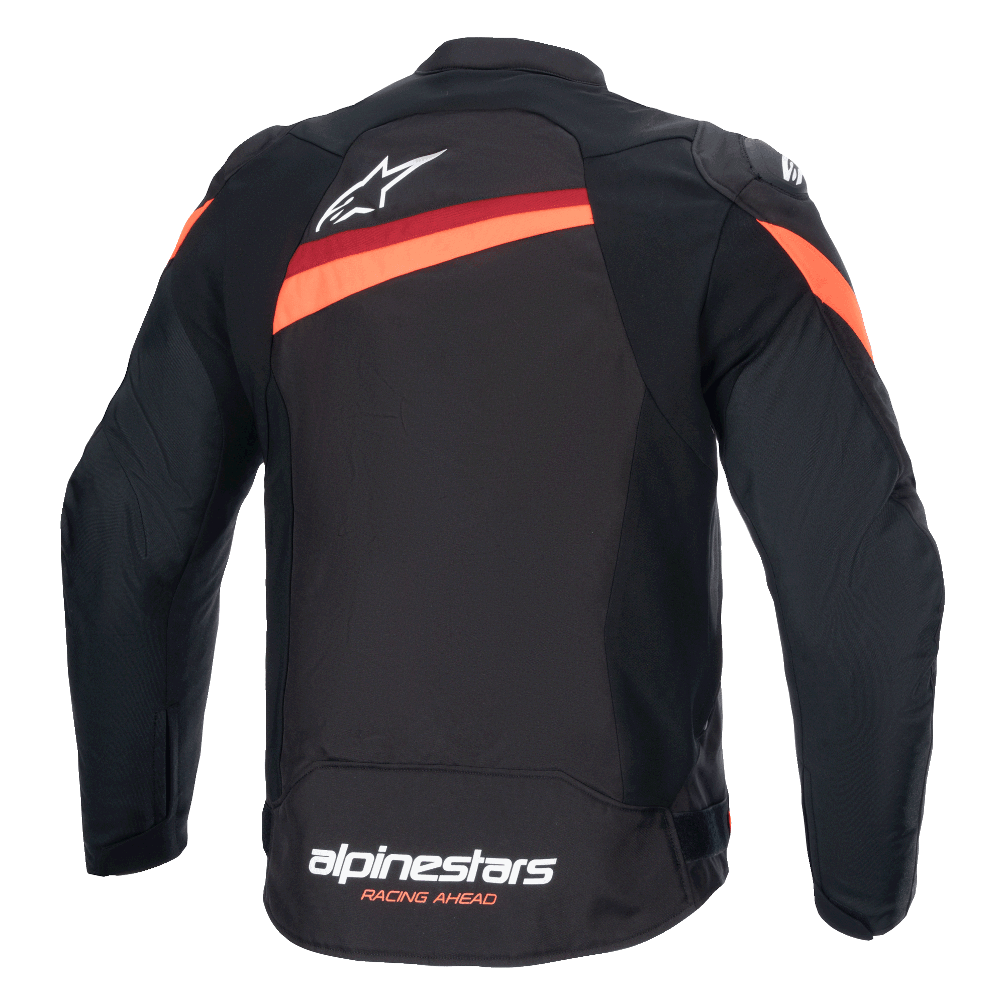 Alpinestars T-GP Plus R V4-jacka, sedd bakifrån, svart och röd fluo, sportig motorcykeljacka i textil, vit Alpinestars-logotyp på övre ryggen och branding vid nederkanten, diagonala röda ränder över axlar och rygg, förböjda ärmar.