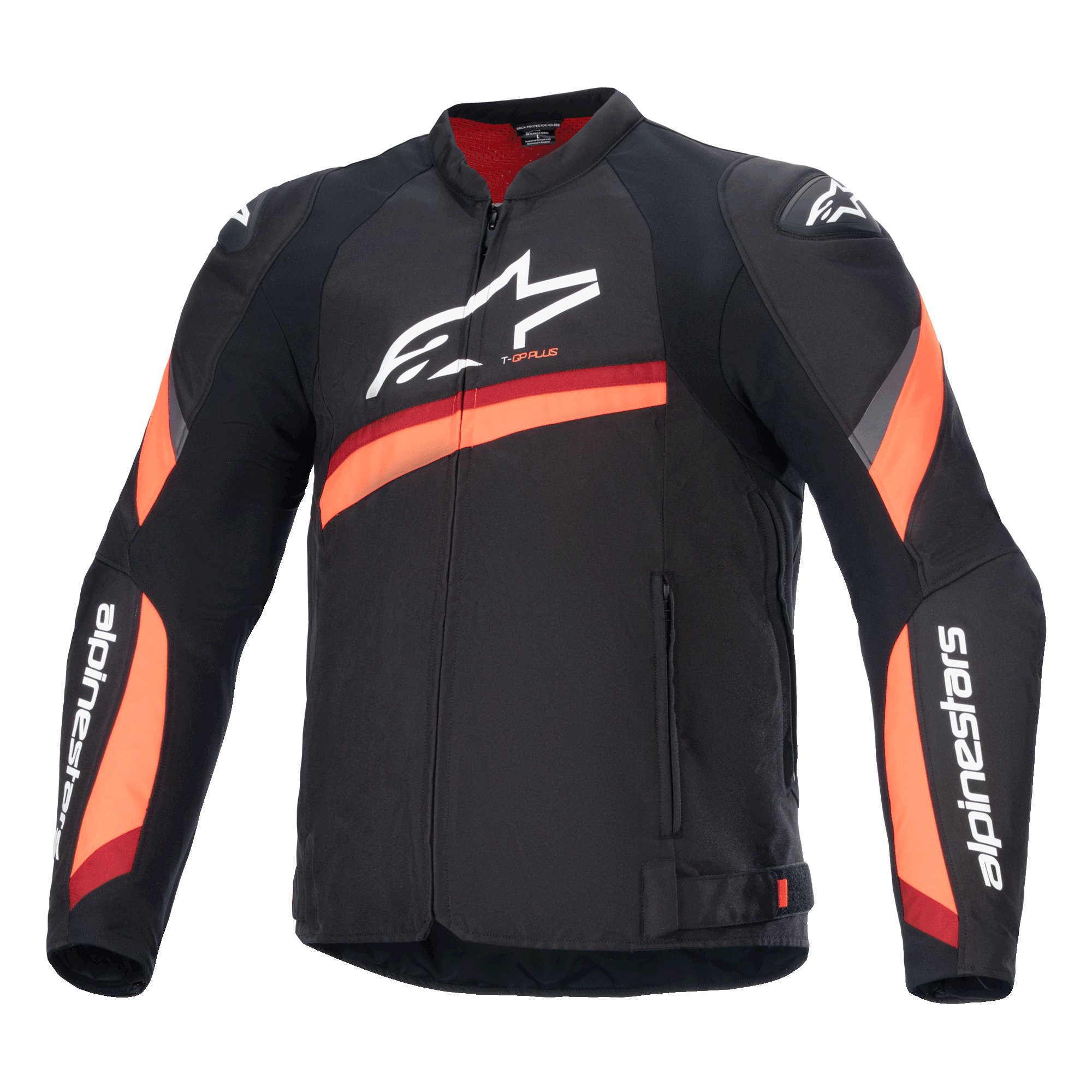 Alpinestars T-GP Plus R V4-jacka, svart motorcykeljacka med röda och fluo-orangea ränder, stor vit logotyp på bröstet, sportig textildesign med rött kragfoder och märkta ärmar, högpresterande sportutrustning