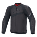 Alpinestars T-GP Plus R V4 Jacket, Black Textile Motorcycle Jacket, Embossed Alpinestars Chest Logo, Gray Reflective Stripes, Red Inner Lining at Collar, Sport Fit with Padded Shoulders and Elbows, Racing Style Design
