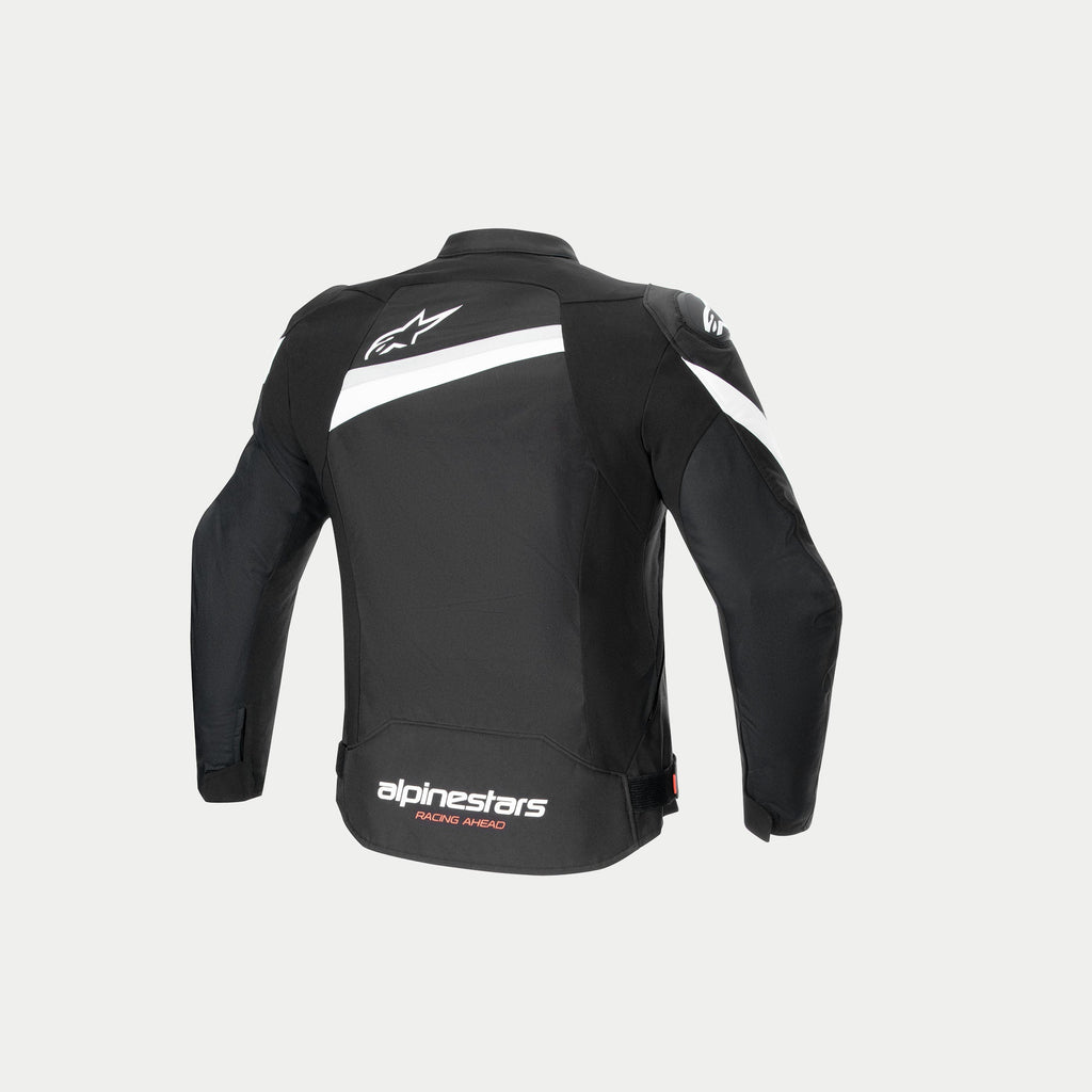 Alpinestars T-GP Plus R V4 jacka, svart och vit motorcykeljacka i textil, bakifrån som visar förböjda ärmar, vita logotyper och CE-certifierad konstruktion