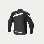 Alpinestars T-GP Plus R V4 jacka, svart och vit motorcykeljacka i textil, bakifrån som visar förböjda ärmar, vita logotyper och CE-certifierad konstruktion