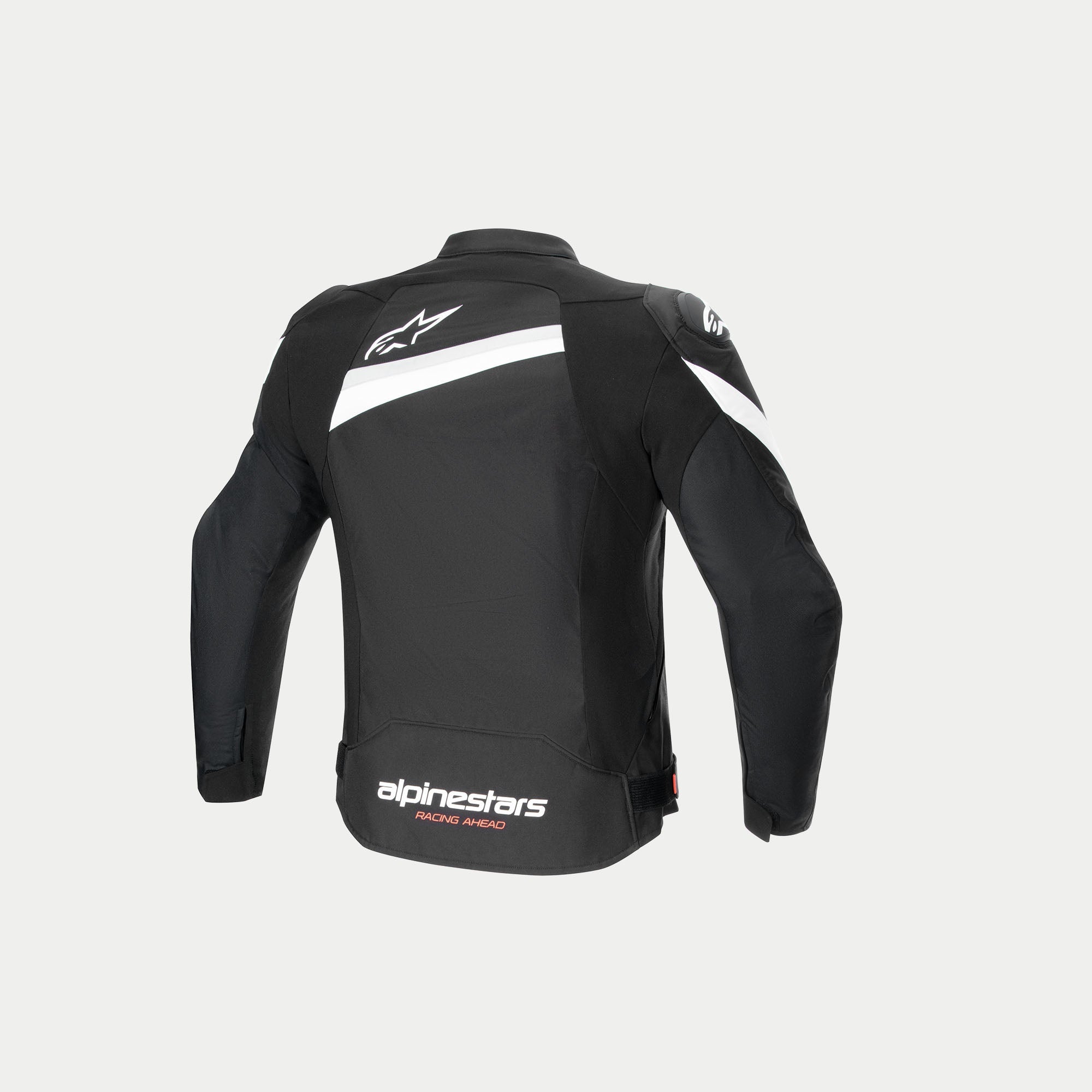 Alpinestars T-GP Plus R V4 jacka, svart och vit motorcykeljacka i textil, bakifrån som visar förböjda ärmar, vita logotyper och CE-certifierad konstruktion