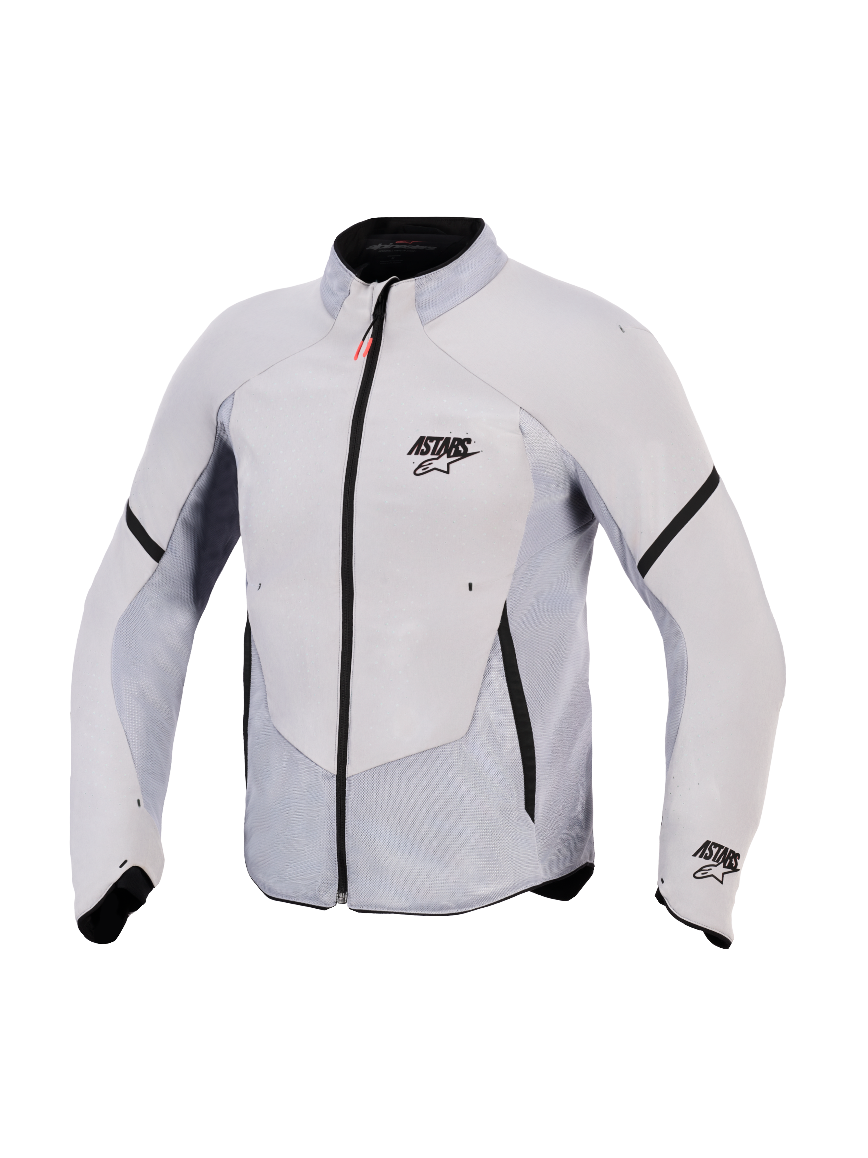 Alpinestars Aeroshell Airflow-jacka, motorcykeljacka, Mid Gray Anthracite, lätt stretch-softshell med omfattande laserperforerade meshpaneler, svart dragkedja fram med röd dragtapp, ASTARS-logotyp på bröstet och ärmen, sportpassform för maximal andningsförmåga