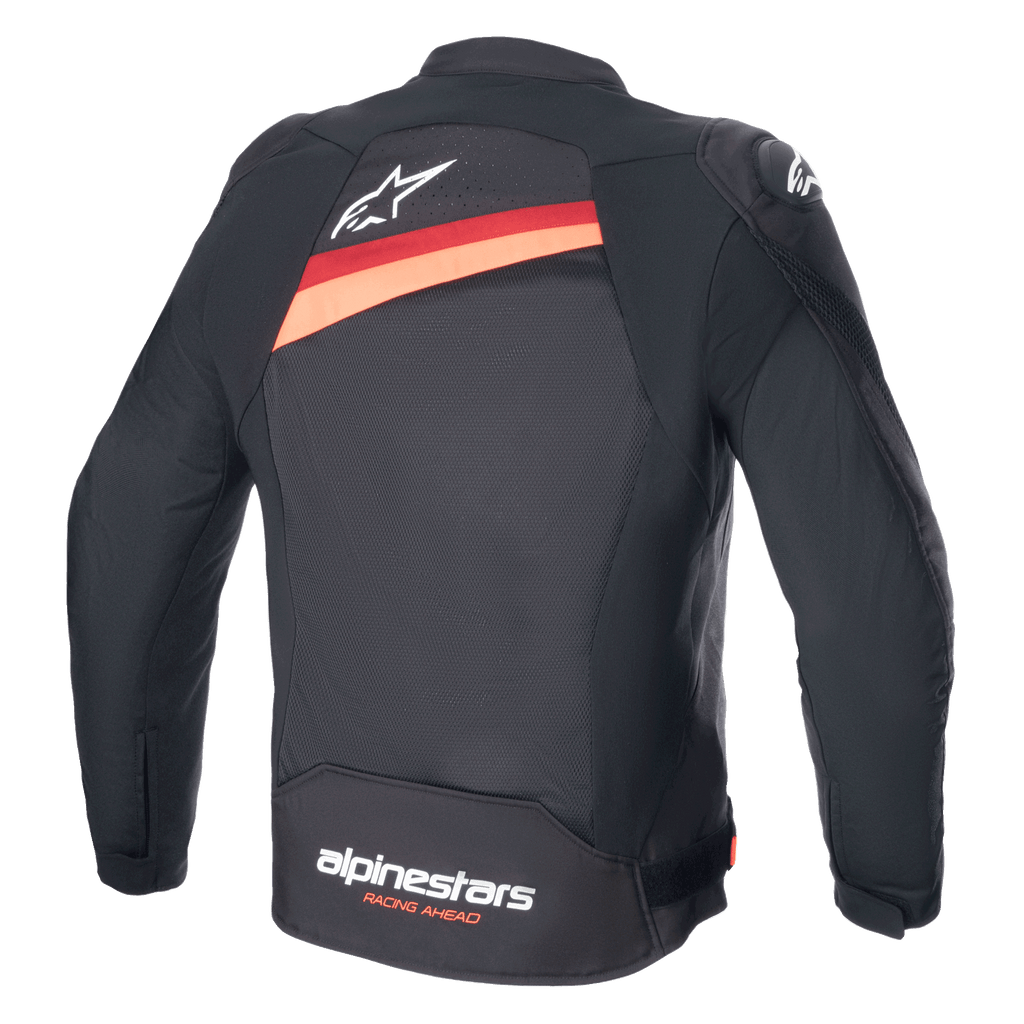 Alpinestars T-GP Plus R V4 Airflow-jacka, svart med röd fluo, baksida av motorcykeljacka i textil som visar stora ventilationspaneler i mesh, vit Astar-logotyp på övre delen av ryggen och 'alpinestars RACING AHEAD'-profilering på nedre delen av ryggen.