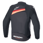 Alpinestars T-GP Plus R V4 Airflow-jacka, svart med röd fluo, baksida av motorcykeljacka i textil som visar stora ventilationspaneler i mesh, vit Astar-logotyp på övre delen av ryggen och 'alpinestars RACING AHEAD'-profilering på nedre delen av ryggen.
