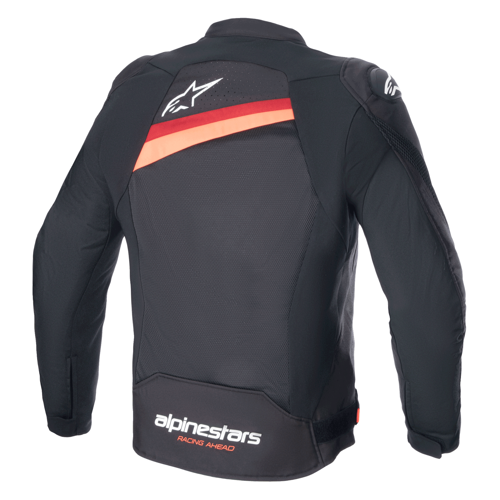 Alpinestars T-GP Plus R V4 Airflow-jacka, svart med röd fluo, baksida av motorcykeljacka i textil som visar stora ventilationspaneler i mesh, vit Astar-logotyp på övre delen av ryggen och 'alpinestars RACING AHEAD'-profilering på nedre delen av ryggen.