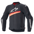 Alpinestars T-GP Plus R V4 Airflow jacka, motorcykeljacka i textil, svart och röd fluorescerande racingdesign med stora mesh-ventilationspaneler, vit logotyp på bröst och ärmar, justerbara midjeremmar och sportig passform.