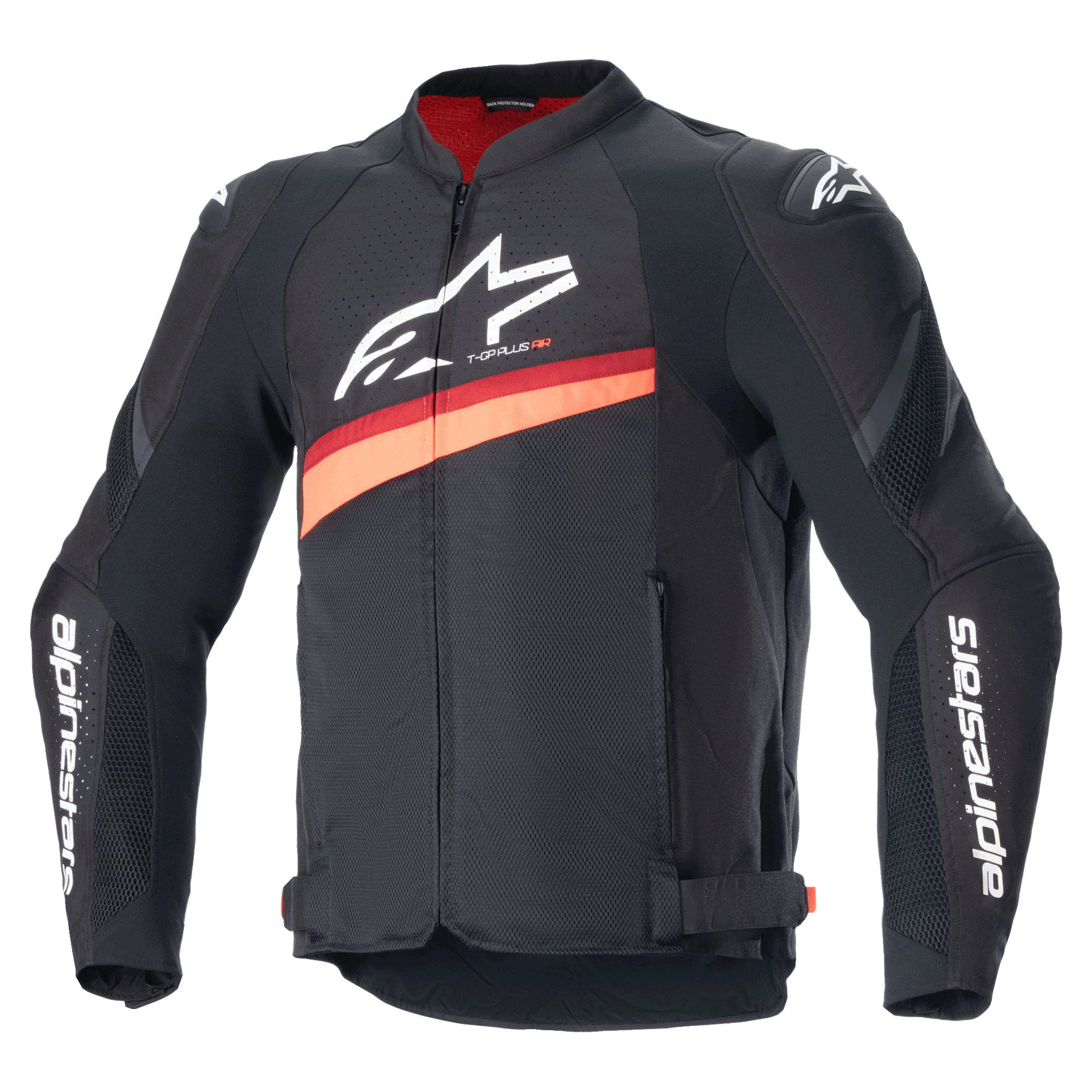 Alpinestars T-GP Plus R V4 Airflow jacka, motorcykeljacka i textil, svart och röd fluorescerande racingdesign med stora mesh-ventilationspaneler, vit logotyp på bröst och ärmar, justerbara midjeremmar och sportig passform.