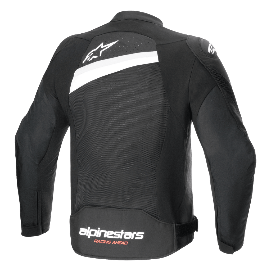 Alpinestars T-GP Plus R V4 Airflow-jacka, textiljacka för motorcykel, svart och vit, vy bakifrån med omfattande meshpanel, vit stjärnlogotyp på övre ryggen och Alpinestars Racing Ahead-logotyp på nedre ryggen, sportig passform för ventilation