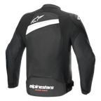 Alpinestars T-GP Plus R V4 Airflow-jacka, textiljacka för motorcykel, svart och vit, vy bakifrån med omfattande meshpanel, vit stjärnlogotyp på övre ryggen och Alpinestars Racing Ahead-logotyp på nedre ryggen, sportig passform för ventilation