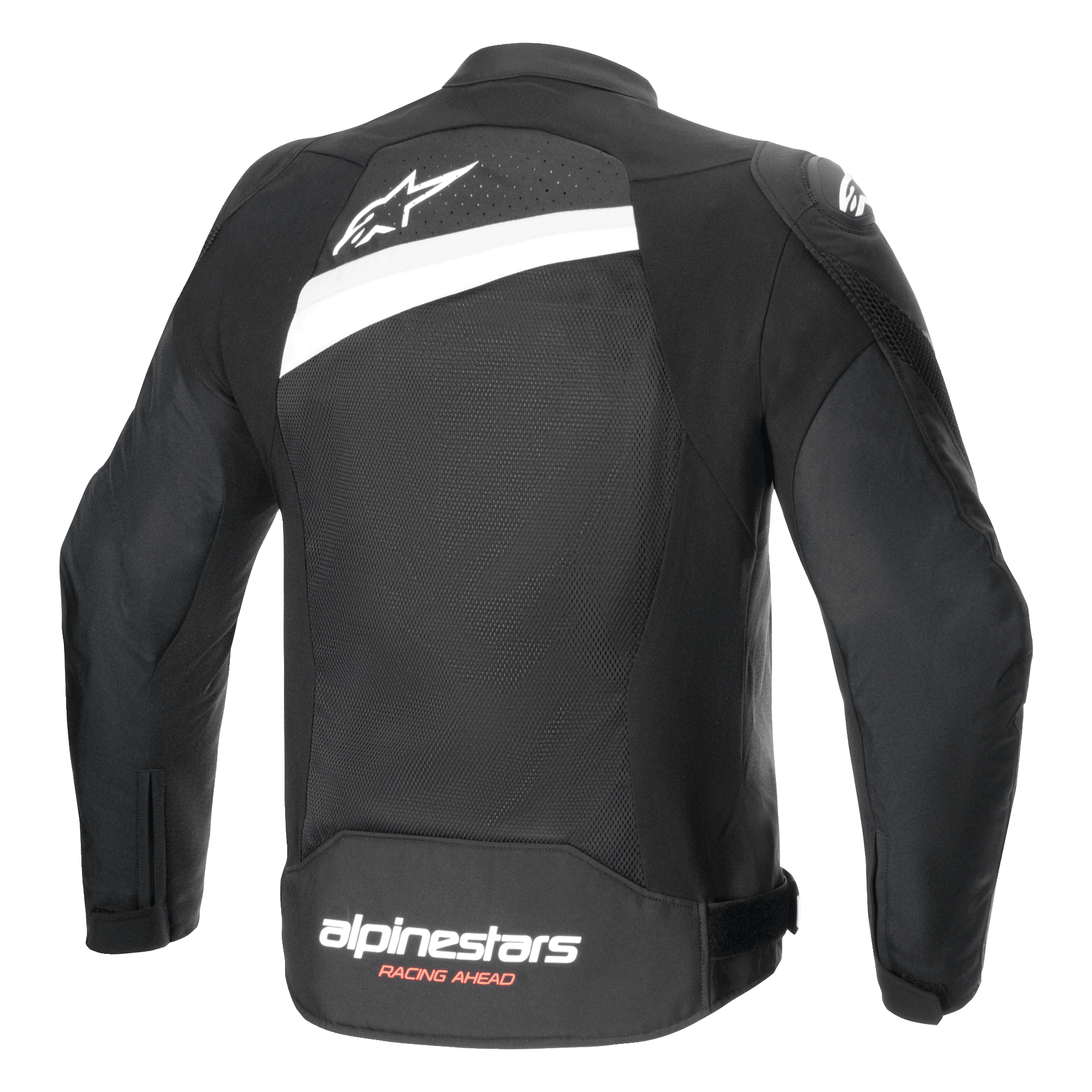 Alpinestars T-GP Plus R V4 Airflow-jacka, textiljacka för motorcykel, svart och vit, vy bakifrån med omfattande meshpanel, vit stjärnlogotyp på övre ryggen och Alpinestars Racing Ahead-logotyp på nedre ryggen, sportig passform för ventilation