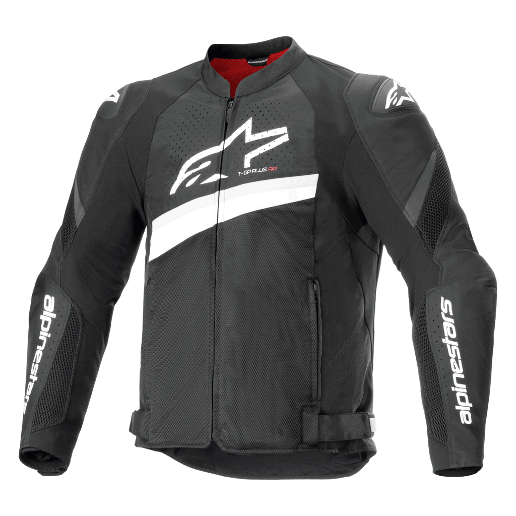 Alpinestars T-GP Plus R V4 Airflow jacka, motorcykeljacka i textil, svart och vit, stor vit Astar-logotyp på bröstet, perforerade meshpaneler för ventilation, rött innerfoder och DFS Lite-axelskydd