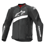 Alpinestars T-GP Plus R V4 Airflow jacka, motorcykeljacka i textil, svart och vit, stor vit Astar-logotyp på bröstet, perforerade meshpaneler för ventilation, rött innerfoder och DFS Lite-axelskydd