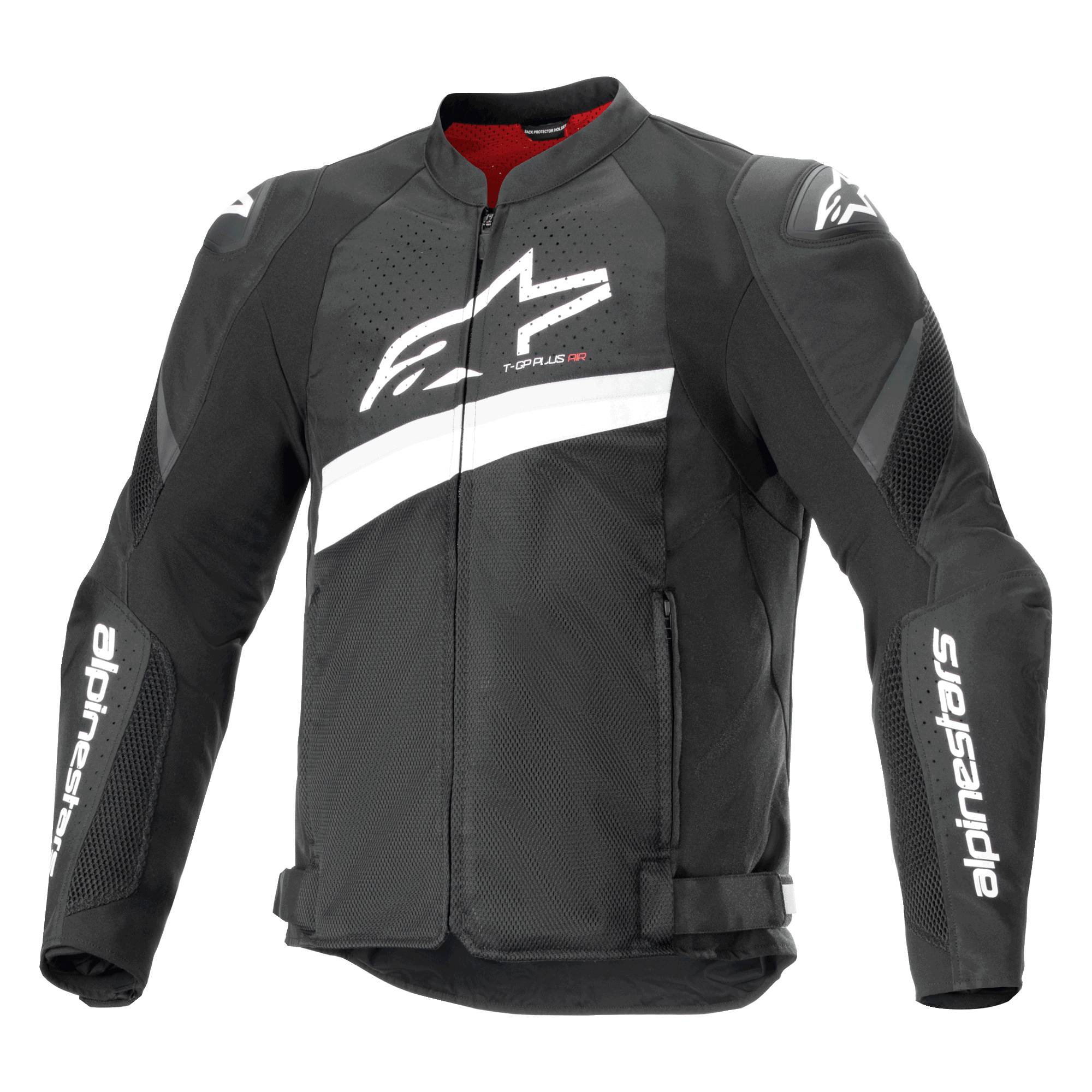 Alpinestars T-GP Plus R V4 Airflow jacka, motorcykeljacka i textil, svart och vit, stor vit Astar-logotyp på bröstet, perforerade meshpaneler för ventilation, rött innerfoder och DFS Lite-axelskydd