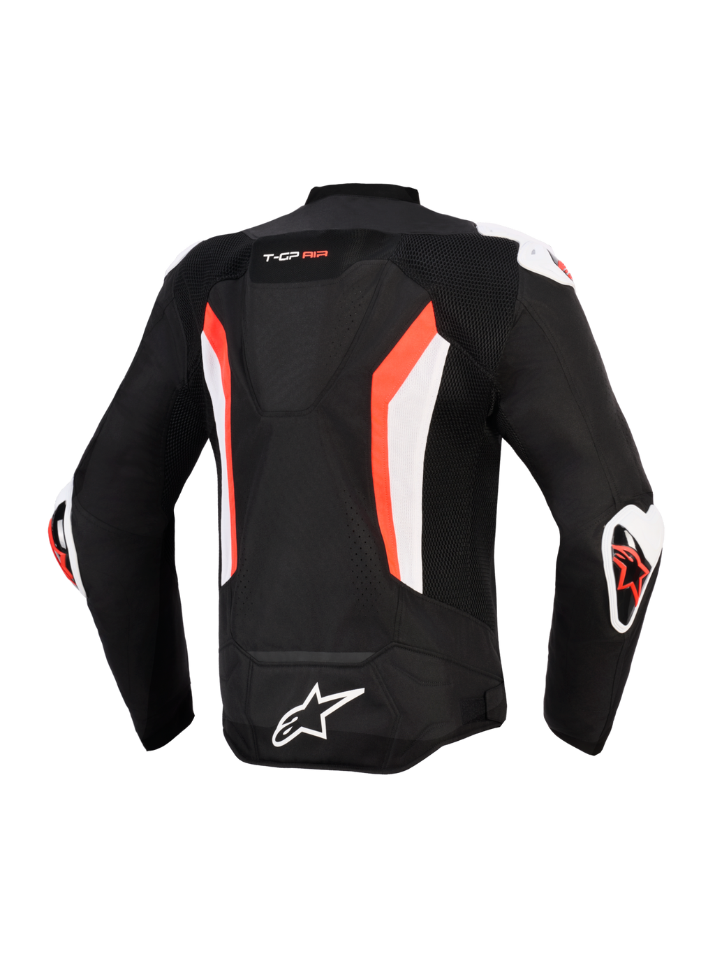 Alpinestars T-GP Air-jacka, vy bakifrån, svart med detaljer i röd fluo och vitt, aerodynamisk puckel, tekniska meshpaneler för luftflöde, "T-GP AIR"-märkning på övre ryggen, vita och röda DFS-sliders på axlar och armbågar, Alpinestars-logotyp på nedre ryggen, sportskuren mc-jacka med hög prestanda