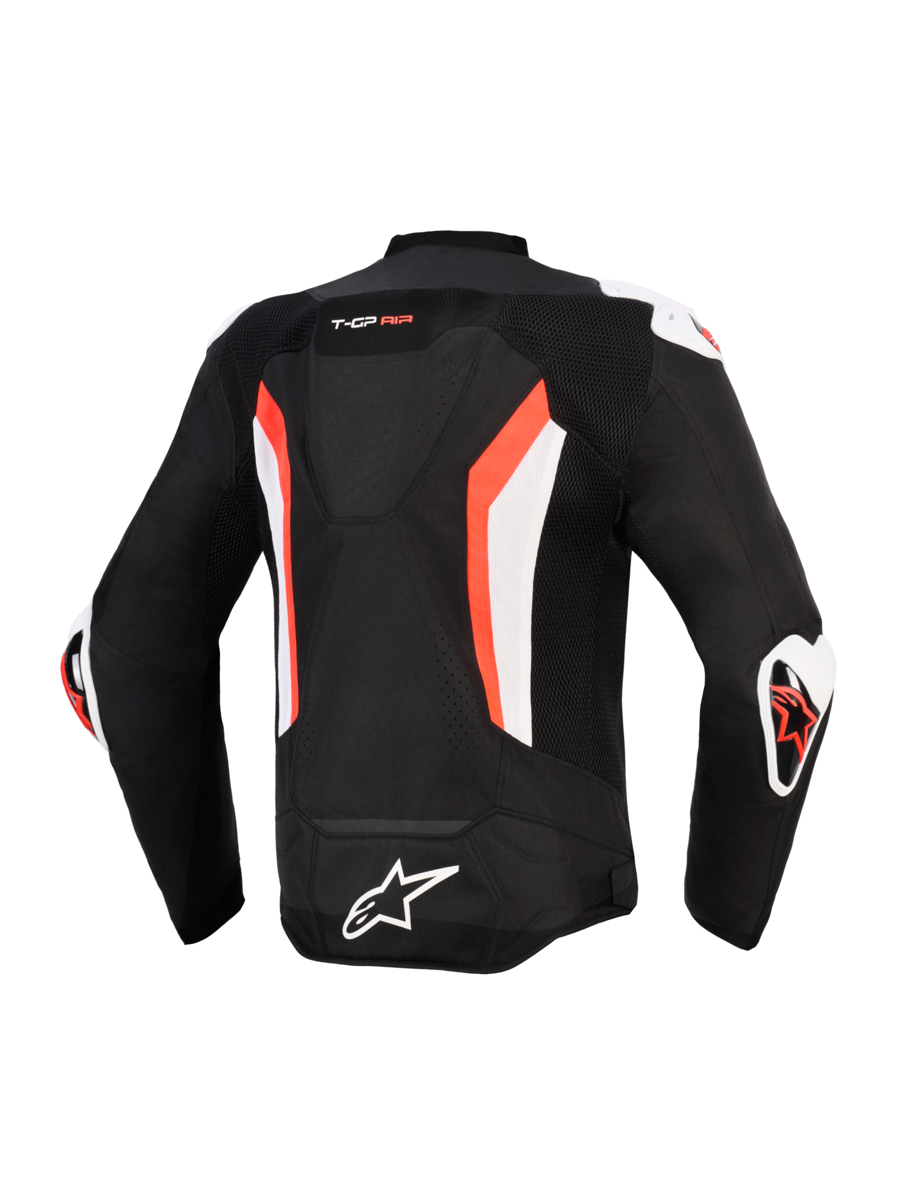 Alpinestars T-GP Air-jacka, vy bakifrån, svart med detaljer i röd fluo och vitt, aerodynamisk puckel, tekniska meshpaneler för luftflöde, "T-GP AIR"-märkning på övre ryggen, vita och röda DFS-sliders på axlar och armbågar, Alpinestars-logotyp på nedre ryggen, sportskuren mc-jacka med hög prestanda