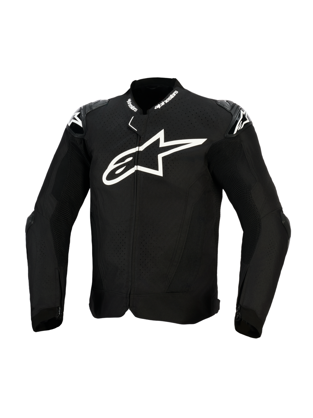 Alpinestars T-GP Air Jacket, Black Textile Motorcycle Jacket, featuring a large white chest logo, laser-perforated ventilation panels, and external shoulder sliders, front view