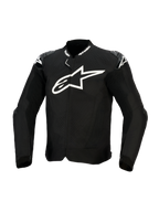 Alpinestars T-GP Air Jacket, Black Textile Motorcycle Jacket, featuring a large white chest logo, laser-perforated ventilation panels, and external shoulder sliders, front view