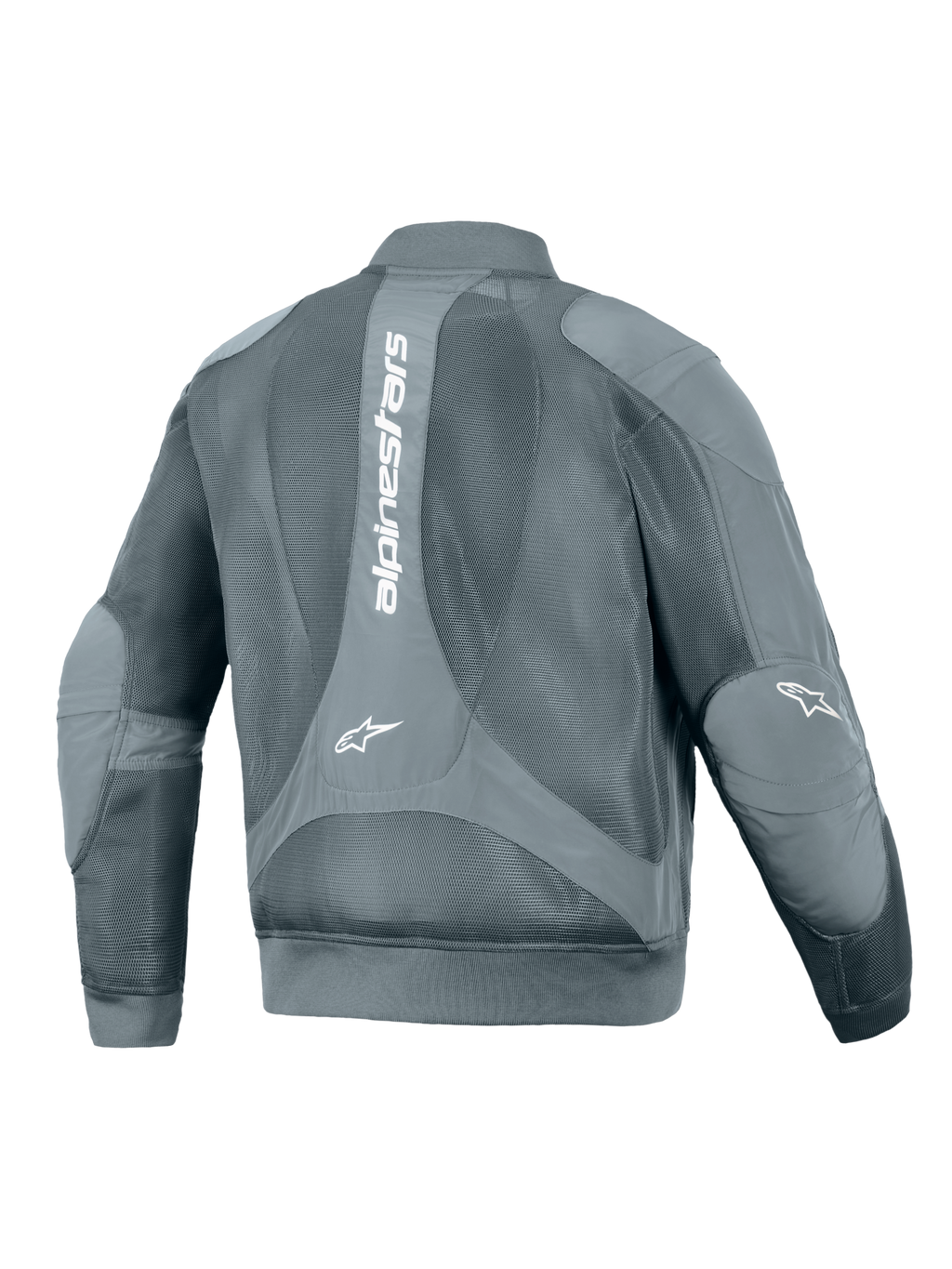 Alpinestars Flight Air-jacka, urban motorcykeljacka, Storm Gray, baksida med en stor vertikal vit Alpinestars-logotyp, omfattande 3D-meshpaneler för luftflöde, samt bomber-inspirerad ribbad midja och ärmslut