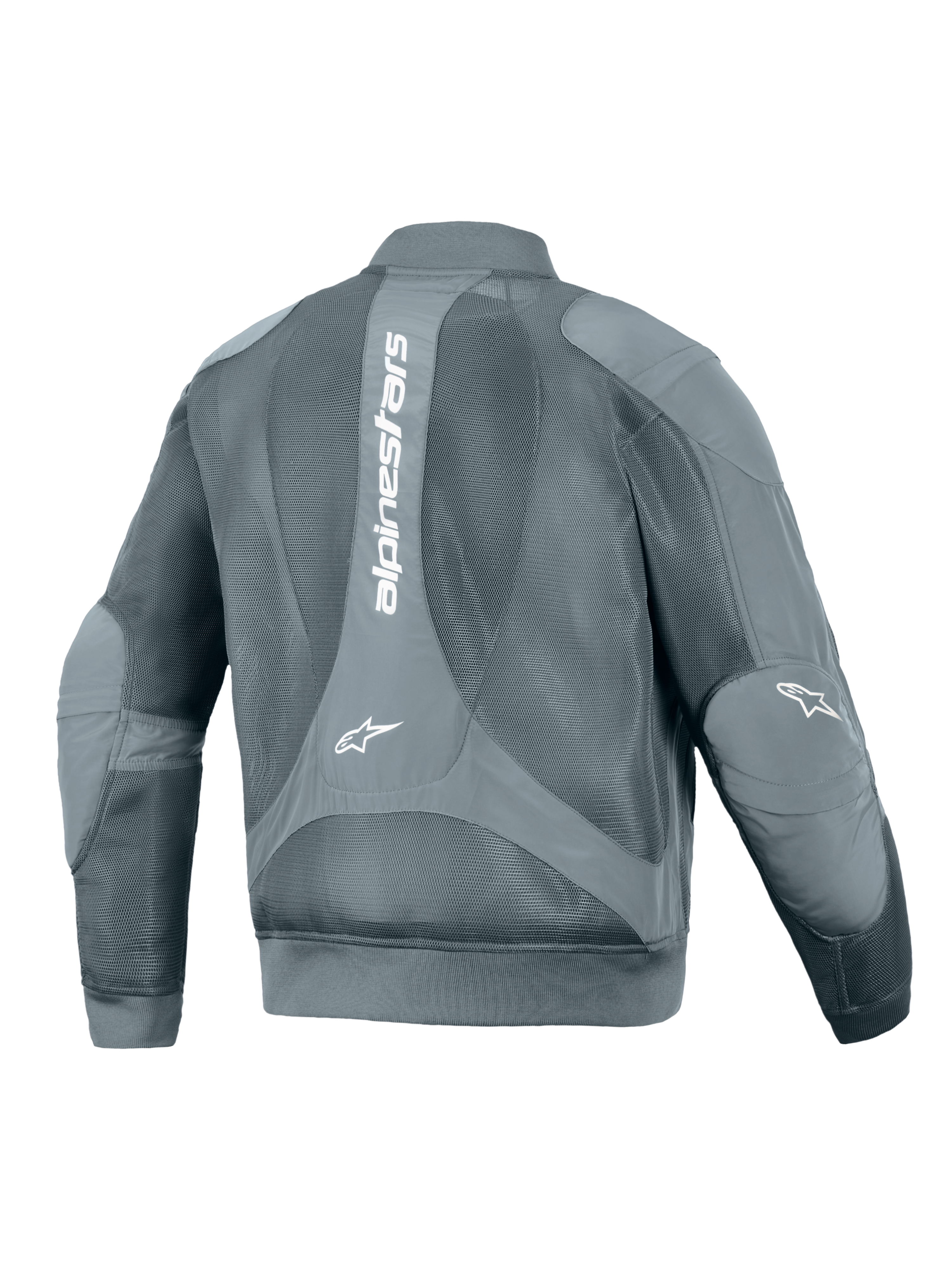 Alpinestars Flight Air-jacka, urban motorcykeljacka, Storm Gray, baksida med en stor vertikal vit Alpinestars-logotyp, omfattande 3D-meshpaneler för luftflöde, samt bomber-inspirerad ribbad midja och ärmslut