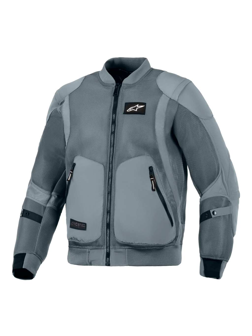 Alpinestars Flight Air-jacka, Storm Gray, urban motorcykeljacka, bomberjacka-inspirerad silhuett med utökade 3D-meshpaneler för ventilation, ribbad stretchkrage och muddar, svart Astars-logotyp på bröstet, externa skyddsfickor, designad för stadskörning i varmt väder