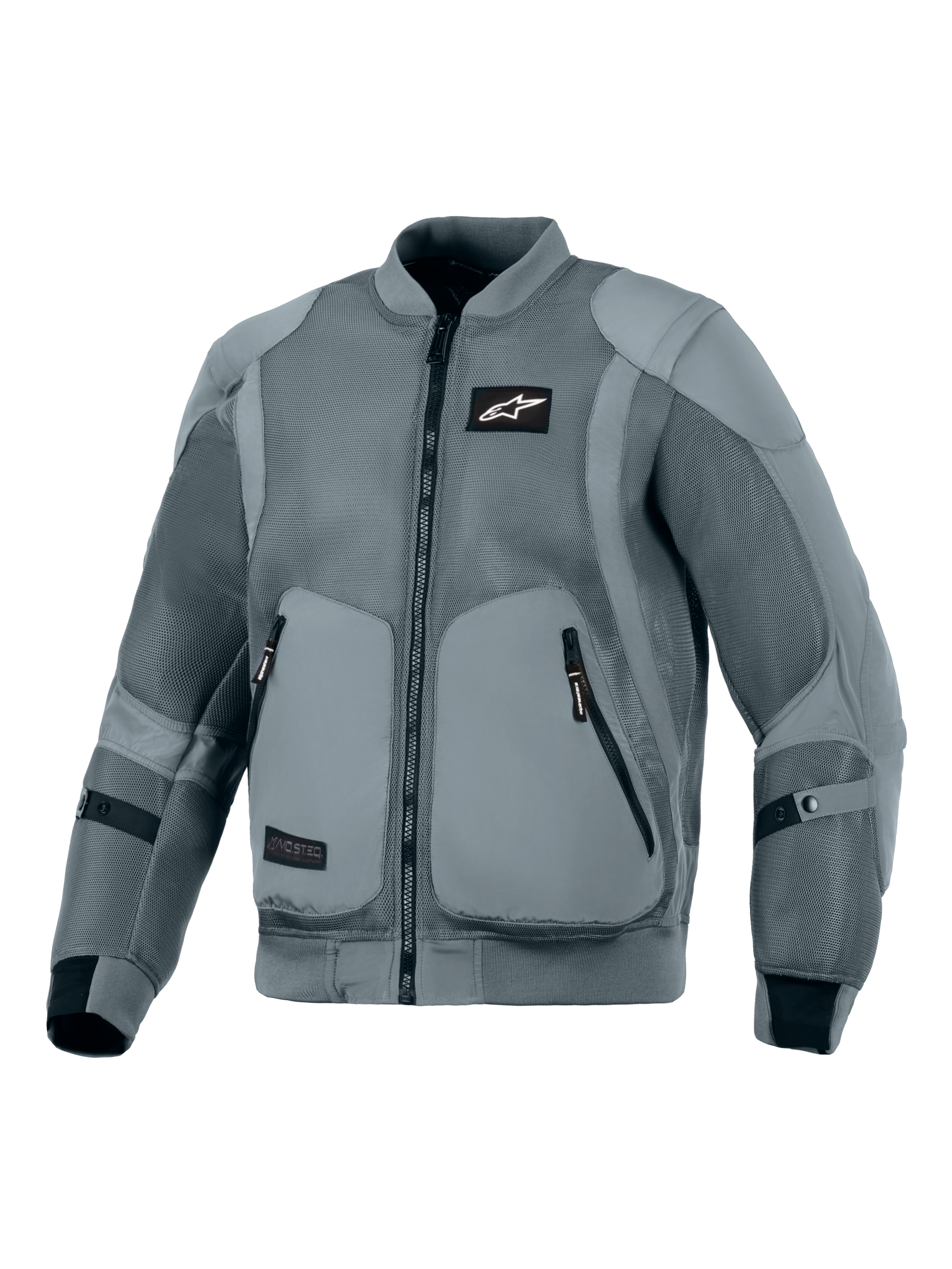 Alpinestars Flight Air-jacka, Storm Gray, urban motorcykeljacka, bomberjacka-inspirerad silhuett med utökade 3D-meshpaneler för ventilation, ribbad stretchkrage och muddar, svart Astars-logotyp på bröstet, externa skyddsfickor, designad för stadskörning i varmt väder