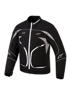 Alpinestars Unite Jacket, Motorcycle Jacket, Black and Dark Gray, featuring a white front zipper, reflective gray panels, and white piping details, Alpinestars branding on the collar and sleeves, minimalist urban design