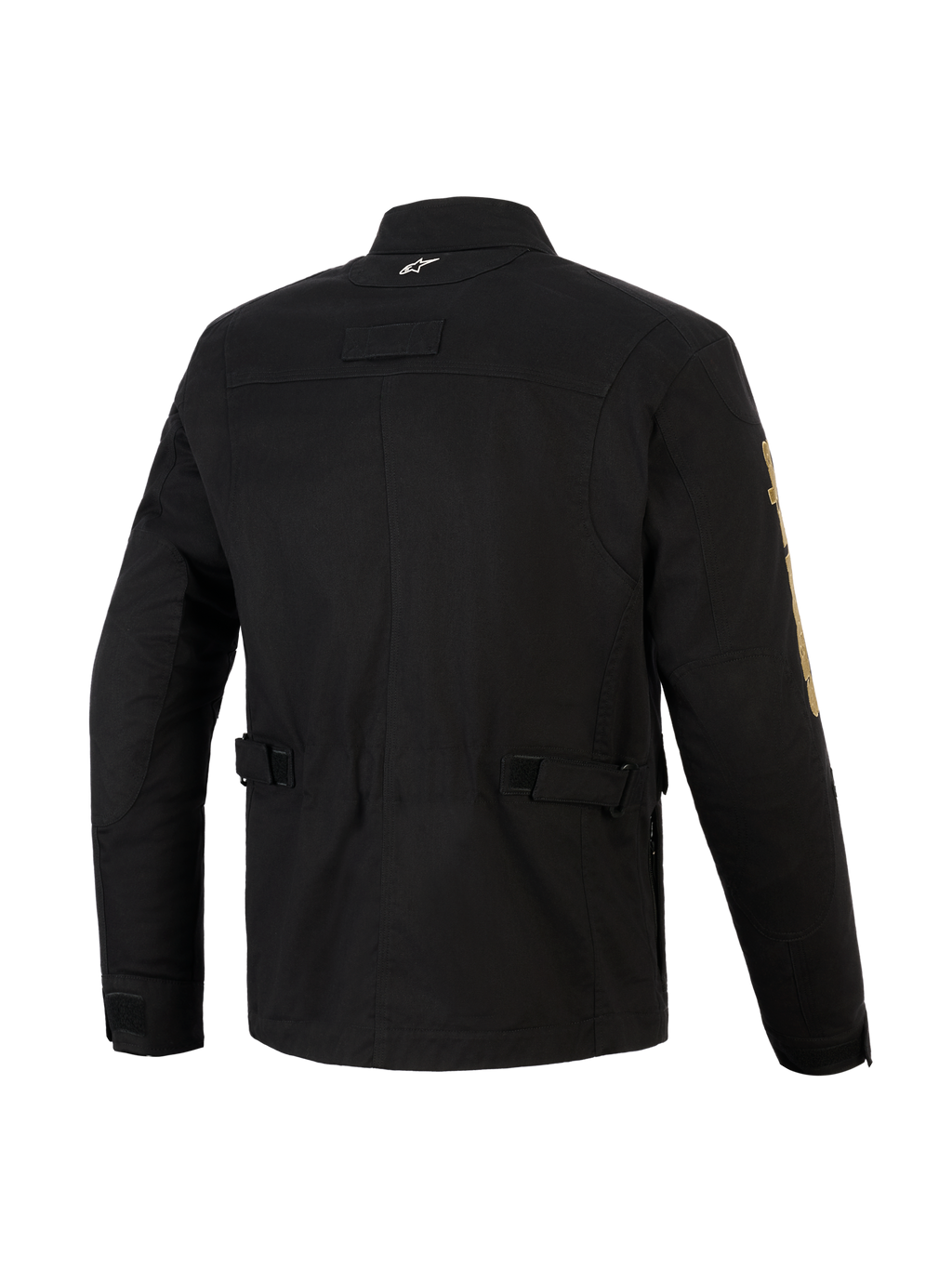 Alpinestars Dice Jacket, Black urban motorcycle jacket, back view showing waist adjustment straps and pleated shoulders, vintage field jacket aesthetic with modern textile construction, featuring a small white logo on the collar and gold branding on the sleeve.