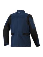 Alpinestars Dice Jacket, Urban Motorcycle Jacket, Dark Blue and Black, back view showing field jacket styling, adjustable waist straps, black shoulder and elbow reinforcement panels, and a small white logo on the collar.
